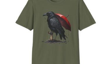 Raven & Umbrella Graphic T-Shirt – Unisex Softstyle Tee for Nature Lovers