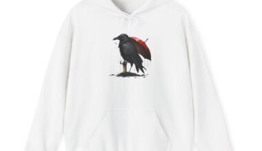 Crow Raven Hoodie with Red Umbrella – Gothic Bird Graphic Pullover