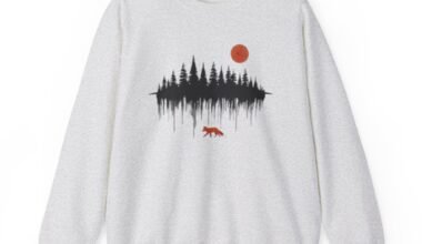 Forest Reflection Sweatshirt — Fox Silhouette & Red Sun Crewneck