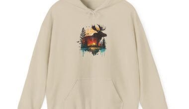 Moose Lake Sunset Hoodie — Nature Cabin Campfire Graphic Hoodie