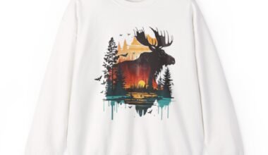 Moose Wilderness Crewneck Sweatshirt — Sunset Forest Double-Exposure Design