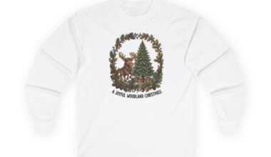 A Little Woodland Christmas Long Sleeve Tee — Deer & Pine Holiday Shirt